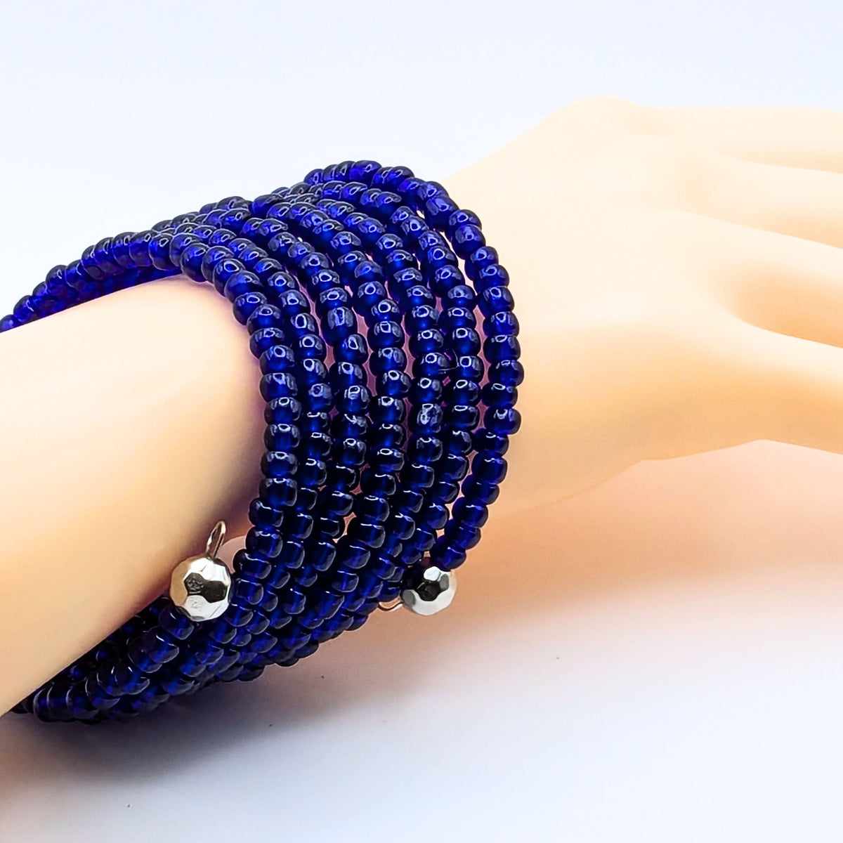 Cobalt Blue Seed Bead Bracelet, 7 Layer Memory Wire Wrap Cuff, Solid Blue Beaded Jewelry with Silver Accents, Bold Blue Statement Bracelet