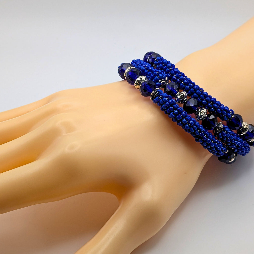 Cobalt Blue Beaded Wrap Cuff Bracelet image 1