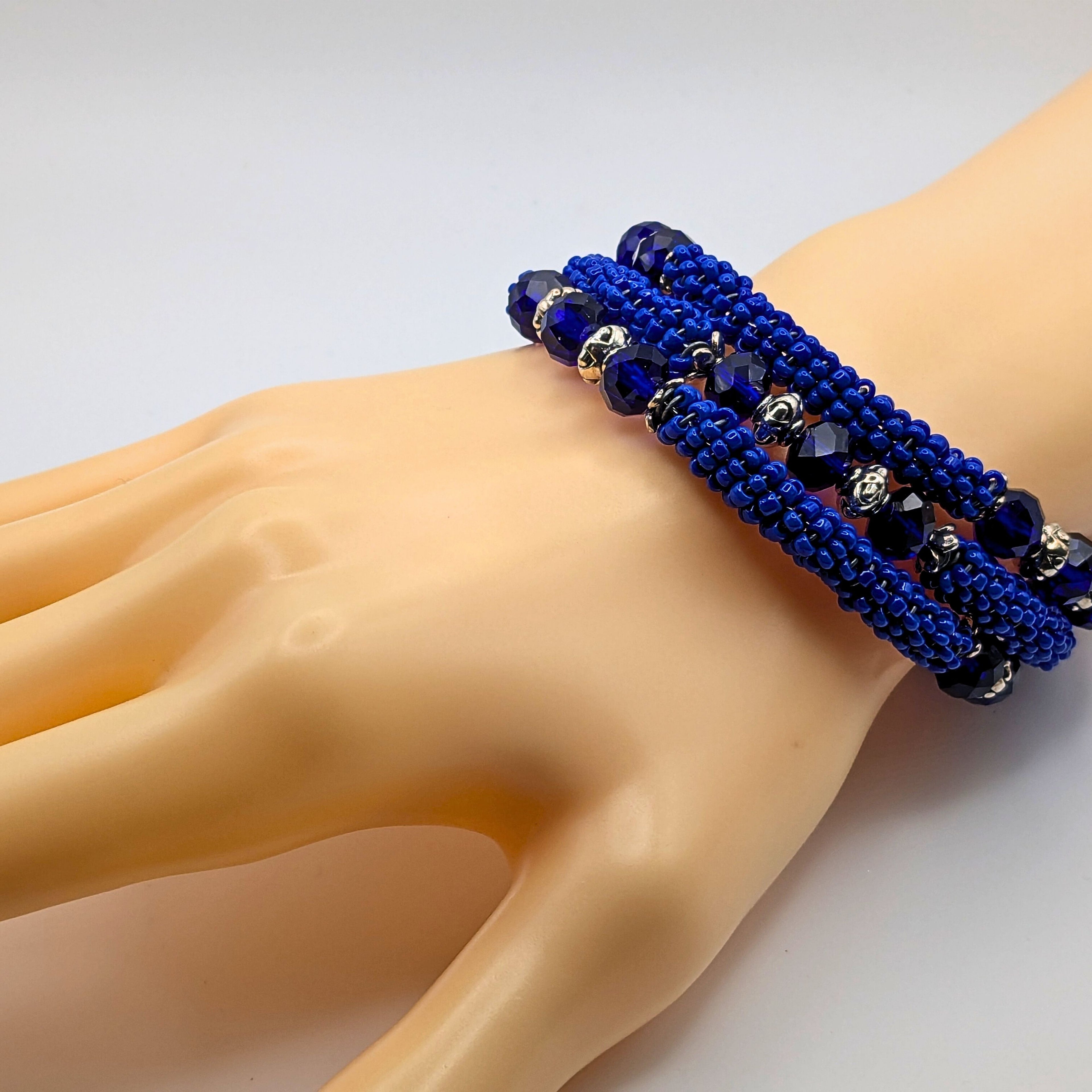 Cobalt Blue Beaded Wrap Cuff Bracelet image 1