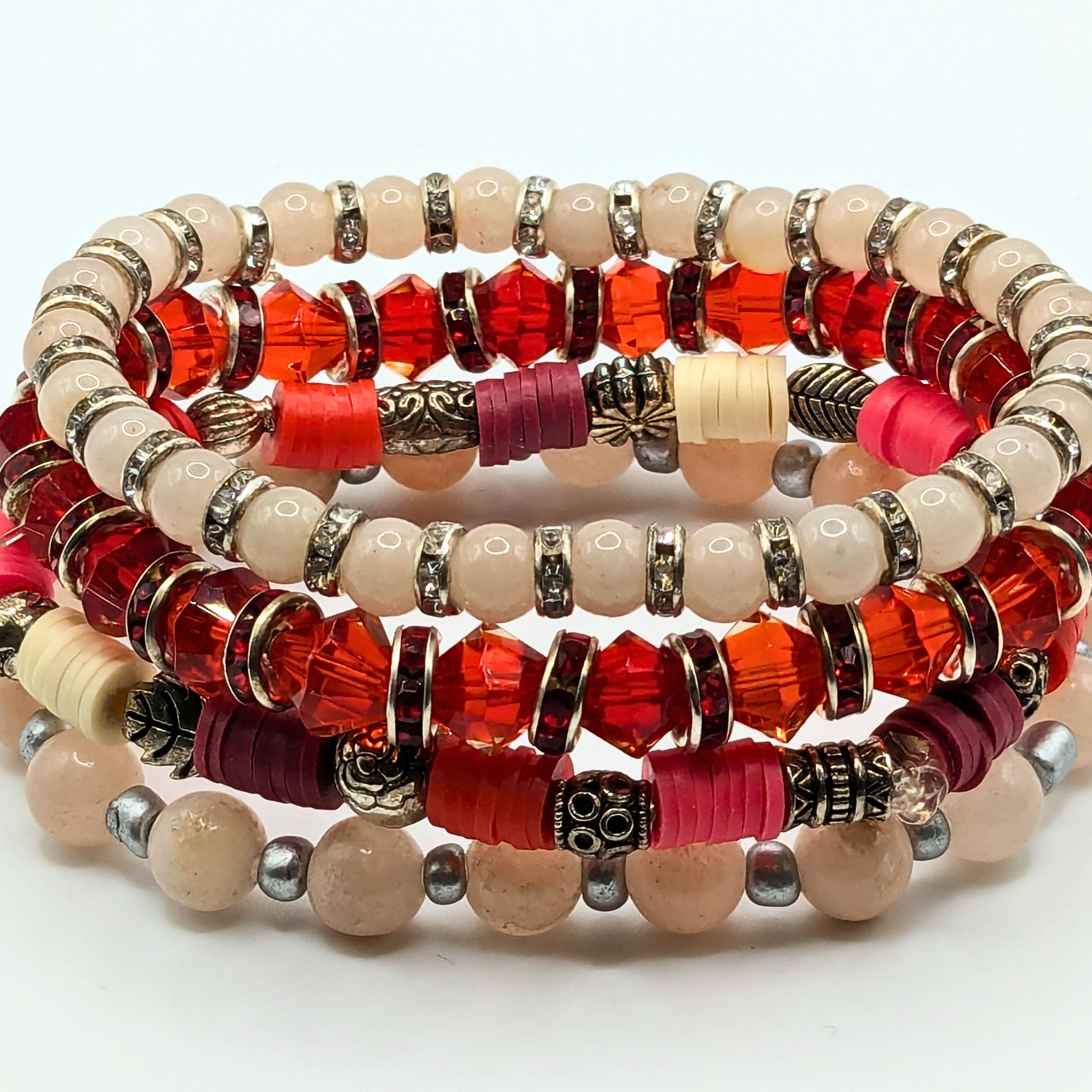 Red And Cream Beaded Bracelets for Women Jewelry Boho Beaded 4 Stacked Set image 0