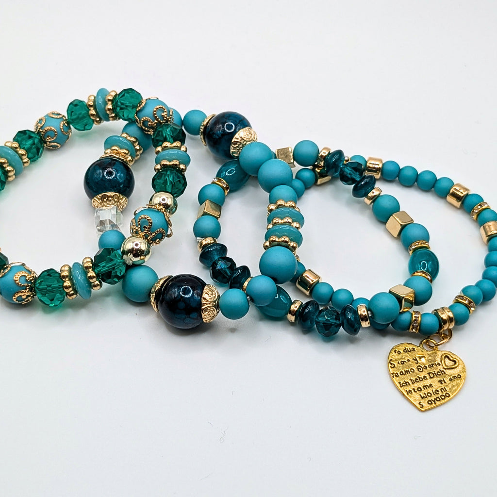 Teal Beaded Bracelets for Women Jewelry Boho Beaded 4 Stacked Set image 2