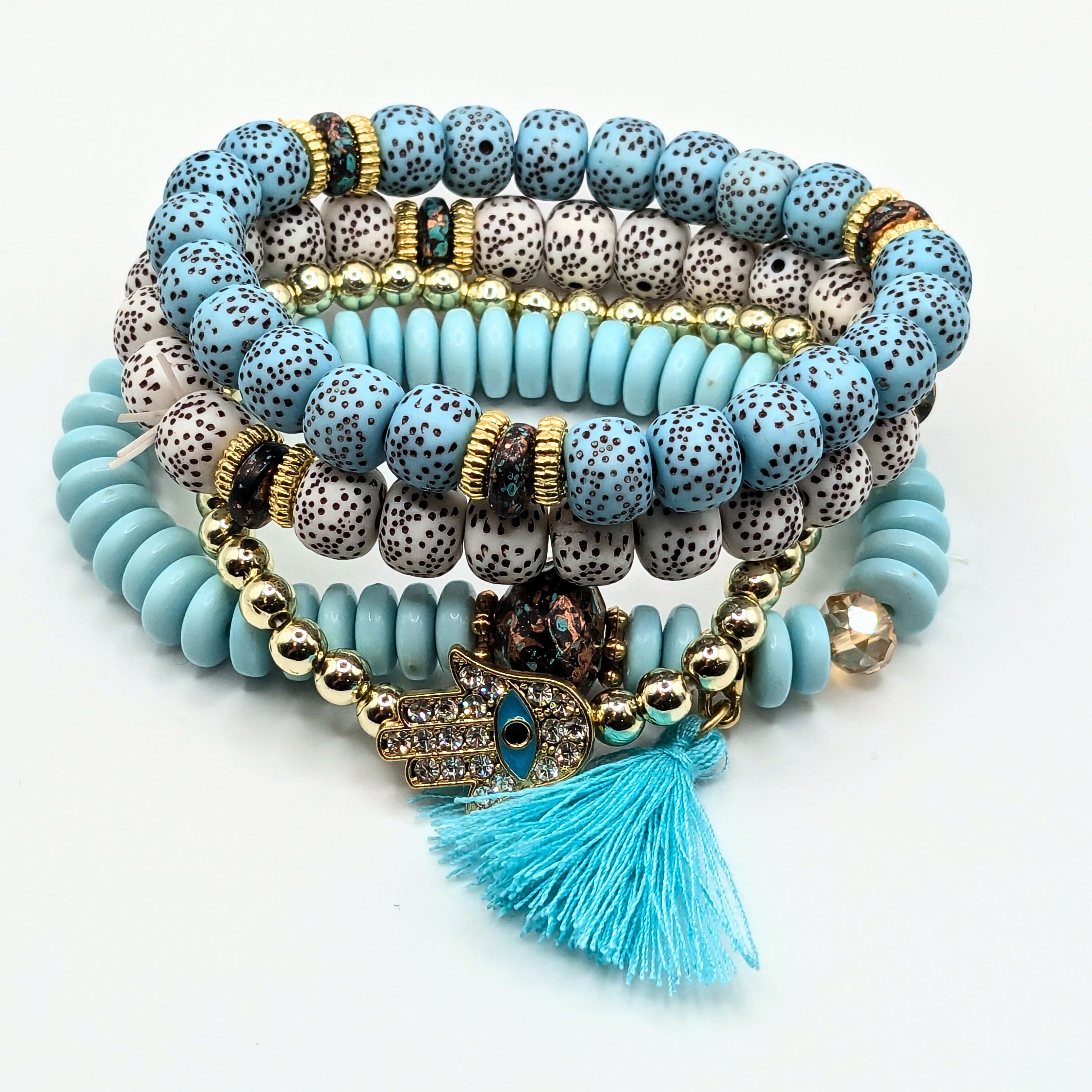 Baby Blue Beaded Bracelets for Women Jewelry Boho Beaded 4 Stacked Set image 2