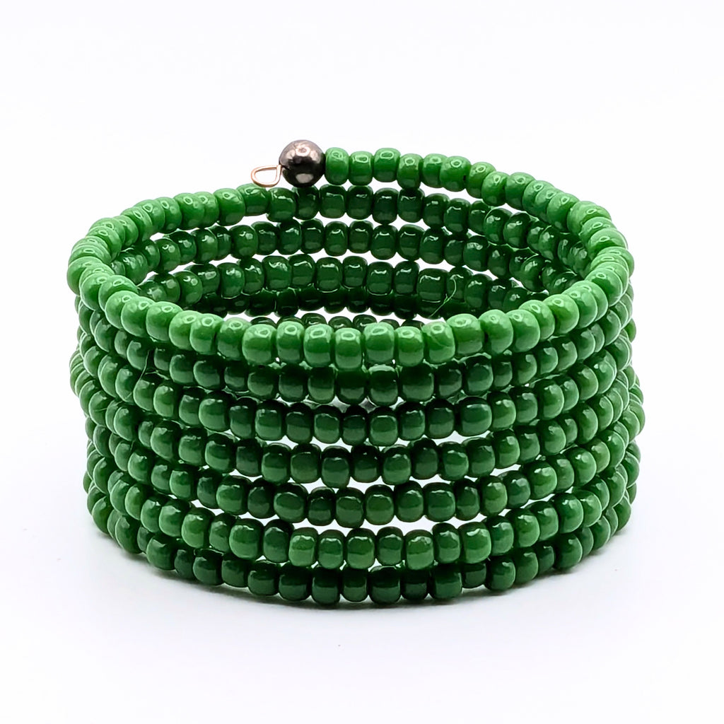 Emerald Green Seed Bead Bracelet, 7 Layer Memory Wire Wrap Cuff, Solid Green Beaded Jewelry with Silver Accents, Statement Bracelet