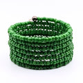 Emerald Green Seed Bead Bracelet, 7 Layer Memory Wire Wrap Cuff, Solid Green Beaded Jewelry with Silver Accents, Statement Bracelet