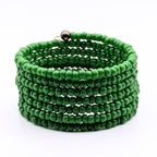 Emerald Green Seed Bead Bracelet, 7 Layer Memory Wire Wrap Cuff, Solid Green Beaded Jewelry with Silver Accents, Statement Bracelet