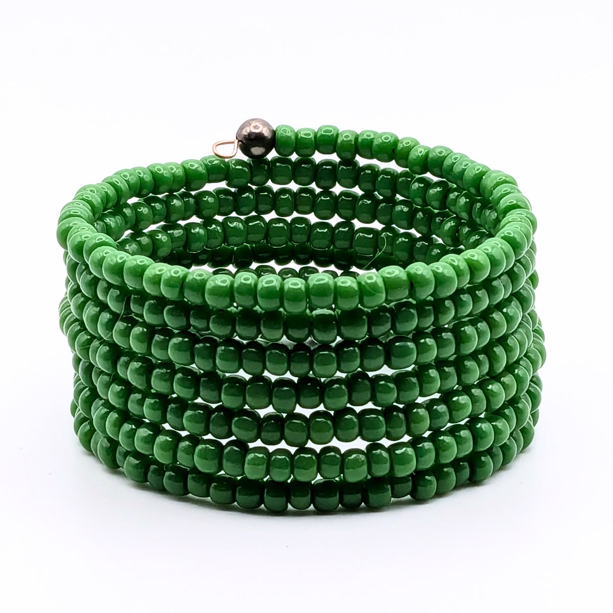 Emerald Green Seed Bead Bracelet, 7 Layer Memory Wire Wrap Cuff, Solid Green Beaded Jewelry with Silver Accents, Statement Bracelet