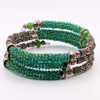 Green Beaded Memory Wire Wrap Bracelet, 3-Layer Seed Bead and Silver-Tone Tube Bead Jewelry