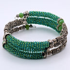 Green Beaded Memory Wire Wrap Bracelet, 3-Layer Seed Bead and Silver-Tone Tube Bead Jewelry