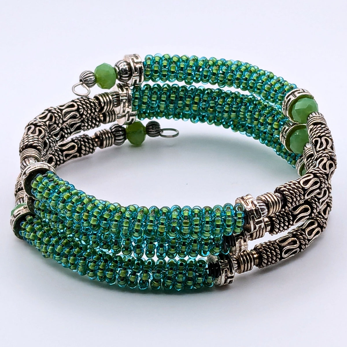 Green Beaded Memory Wire Wrap Bracelet, 3-Layer Seed Bead and Silver-Tone Tube Bead Jewelry