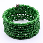 Emerald Green Seed Bead Bracelet, 7 Layer Memory Wire Wrap Cuff, Solid Green Beaded Jewelry with Silver Accents, Statement Bracelet