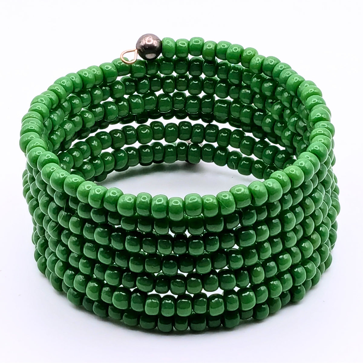Emerald Green Seed Bead Bracelet, 7 Layer Memory Wire Wrap Cuff, Solid Green Beaded Jewelry with Silver Accents, Statement Bracelet