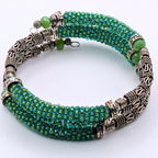 Green Beaded Memory Wire Wrap Bracelet, 3-Layer Seed Bead and Silver-Tone Tube Bead Jewelry