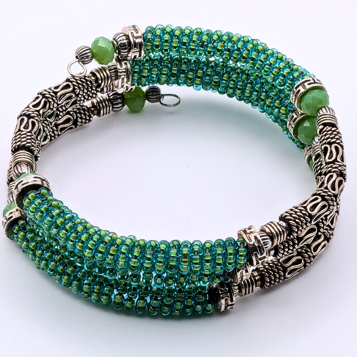 Green Beaded Memory Wire Wrap Bracelet, 3-Layer Seed Bead and Silver-Tone Tube Bead Jewelry