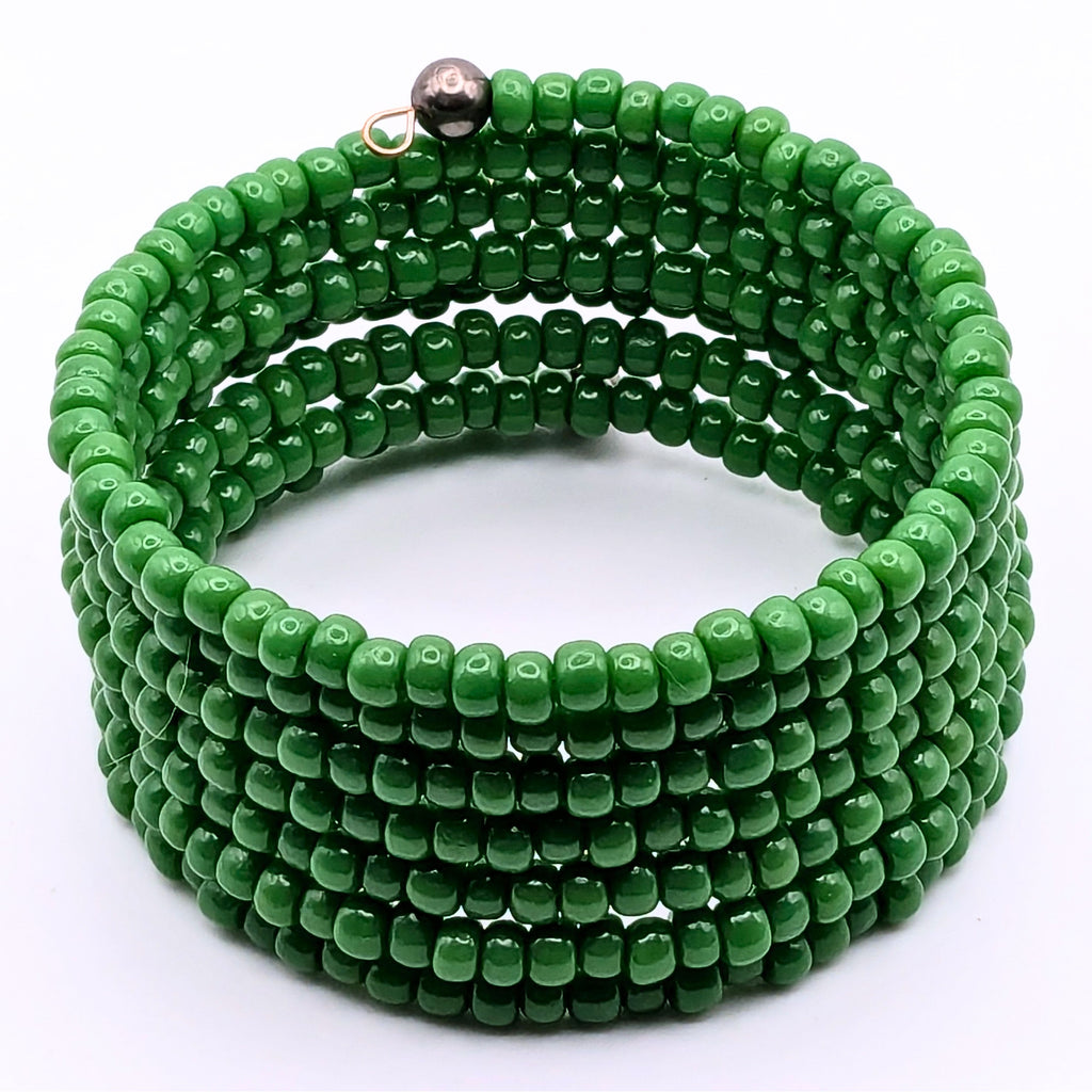 Emerald Green Seed Bead Bracelet, 7 Layer Memory Wire Wrap Cuff, Solid Green Beaded Jewelry with Silver Accents, Statement Bracelet