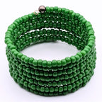 Emerald Green Seed Bead Bracelet, 7 Layer Memory Wire Wrap Cuff, Solid Green Beaded Jewelry with Silver Accents, Statement Bracelet