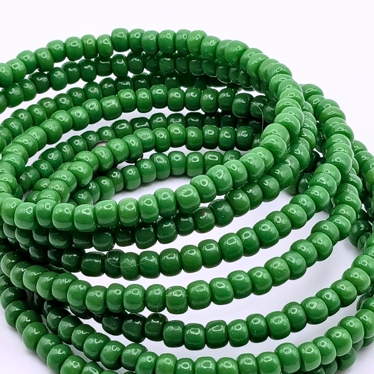 Emerald Green Seed Bead Bracelet, 7 Layer Memory Wire Wrap Cuff, Solid Green Beaded Jewelry with Silver Accents, Statement Bracelet