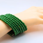 Emerald Green Seed Bead Bracelet, 7 Layer Memory Wire Wrap Cuff, Solid Green Beaded Jewelry with Silver Accents, Statement Bracelet