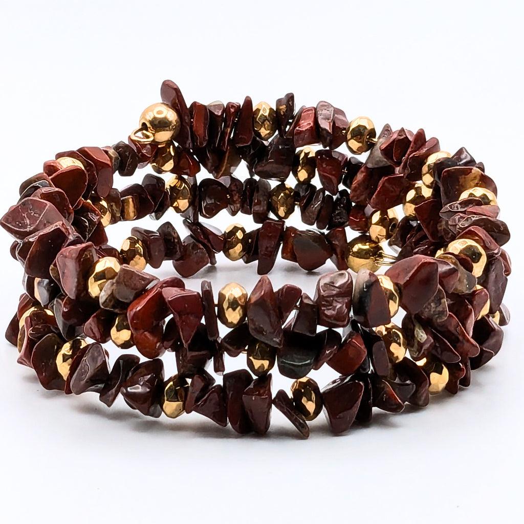 Red Jasper Chip Bead Bracelet, 3 Layer Gemstone Memory Wire Wrap Cuff, Mahogany Brown and Red Stone Beads with Gold Accents