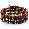 Red Jasper Chip Bead Bracelet, 3 Layer Gemstone Memory Wire Wrap Cuff, Mahogany Brown and Red Stone Beads with Gold Accents