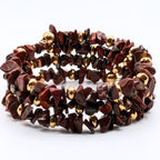 Red Jasper Chip Bead Bracelet, 3 Layer Gemstone Memory Wire Wrap Cuff, Mahogany Brown and Red Stone Beads with Gold Accents