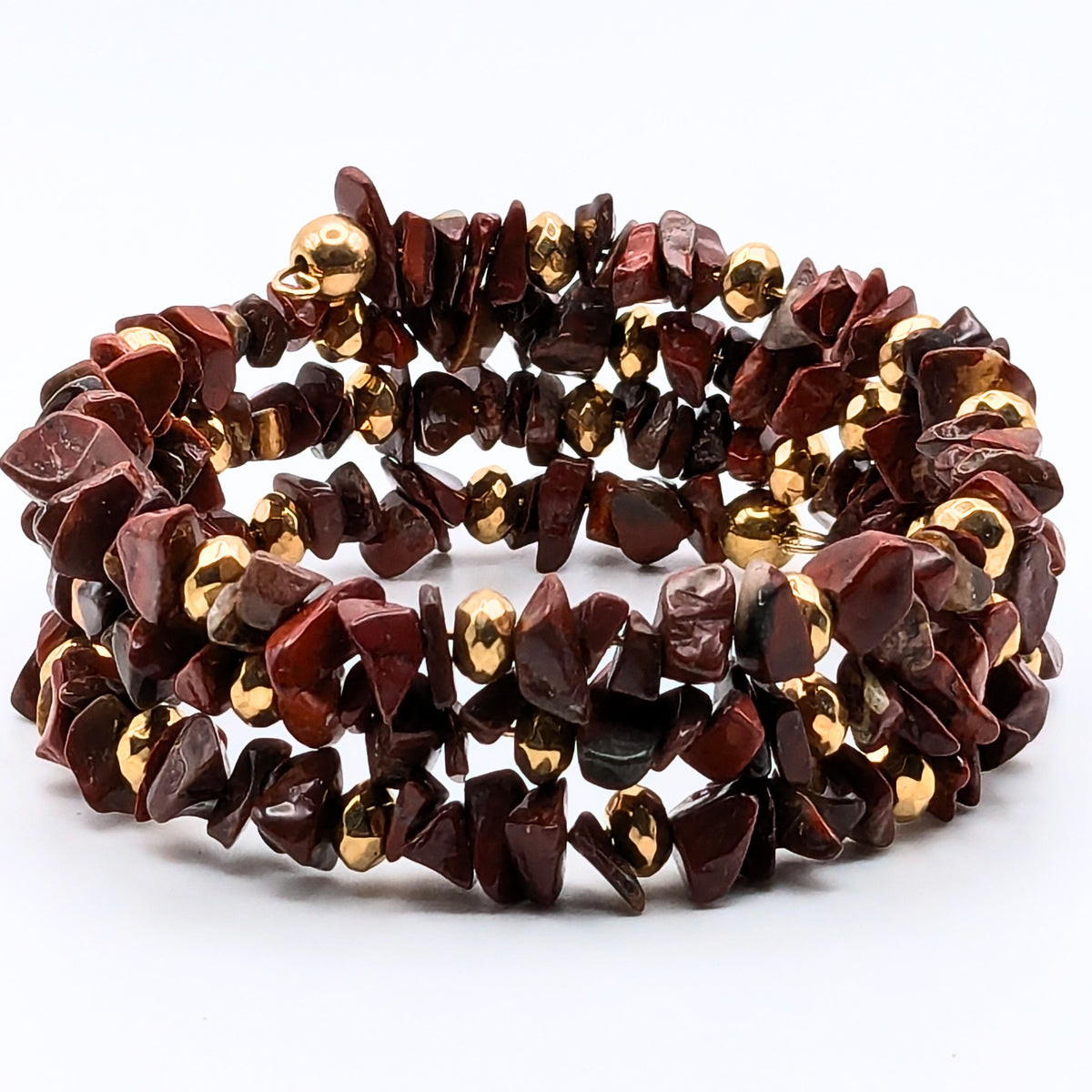 Red Jasper Chip Bead Bracelet, 3 Layer Gemstone Memory Wire Wrap Cuff, Mahogany Brown and Red Stone Beads with Gold Accents