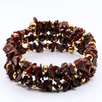 Red Jasper Chip Bead Bracelet, 3 Layer Gemstone Memory Wire Wrap Cuff, Mahogany Brown and Red Stone Beads with Gold Accents
