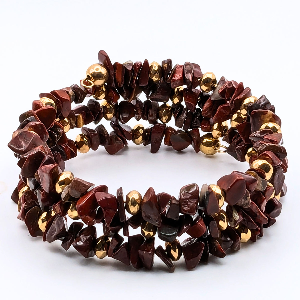 Red Jasper Chip Bead Bracelet, 3 Layer Gemstone Memory Wire Wrap Cuff, Mahogany Brown and Red Stone Beads with Gold Accents