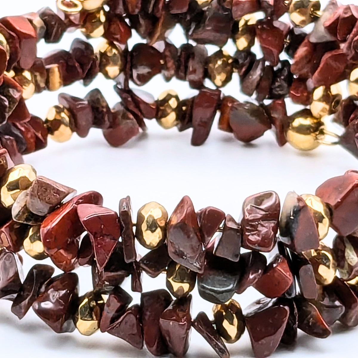 Red Jasper Chip Bead Bracelet, 3 Layer Gemstone Memory Wire Wrap Cuff, Mahogany Brown and Red Stone Beads with Gold Accents