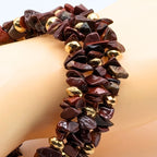 Red Jasper Chip Bead Bracelet, 3 Layer Gemstone Memory Wire Wrap Cuff, Mahogany Brown and Red Stone Beads with Gold Accents