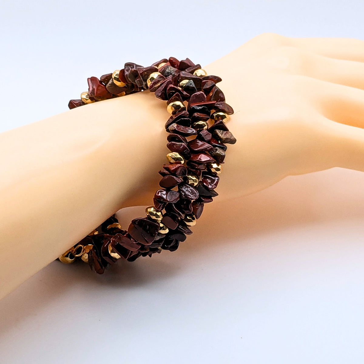 Red Jasper Chip Bead Bracelet, 3 Layer Gemstone Memory Wire Wrap Cuff, Mahogany Brown and Red Stone Beads with Gold Accents