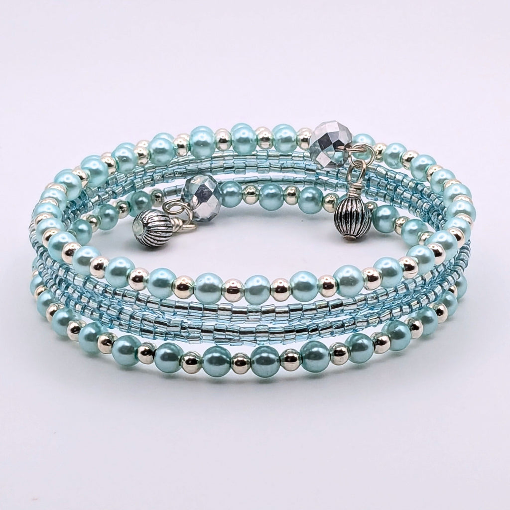 Dainty Light Blue Beaded Wrap Bracelet, 5 Layer Memory Wire Cuff, Glass Pearls, Silver Beads and Faceted Crystal Accents
