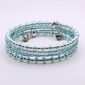 Dainty Light Blue Beaded Wrap Bracelet, 5 Layer Memory Wire Cuff, Glass Pearls, Silver Beads and Faceted Crystal Accents