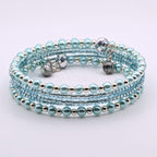Dainty Light Blue Beaded Wrap Bracelet, 5 Layer Memory Wire Cuff, Glass Pearls, Silver Beads and Faceted Crystal Accents