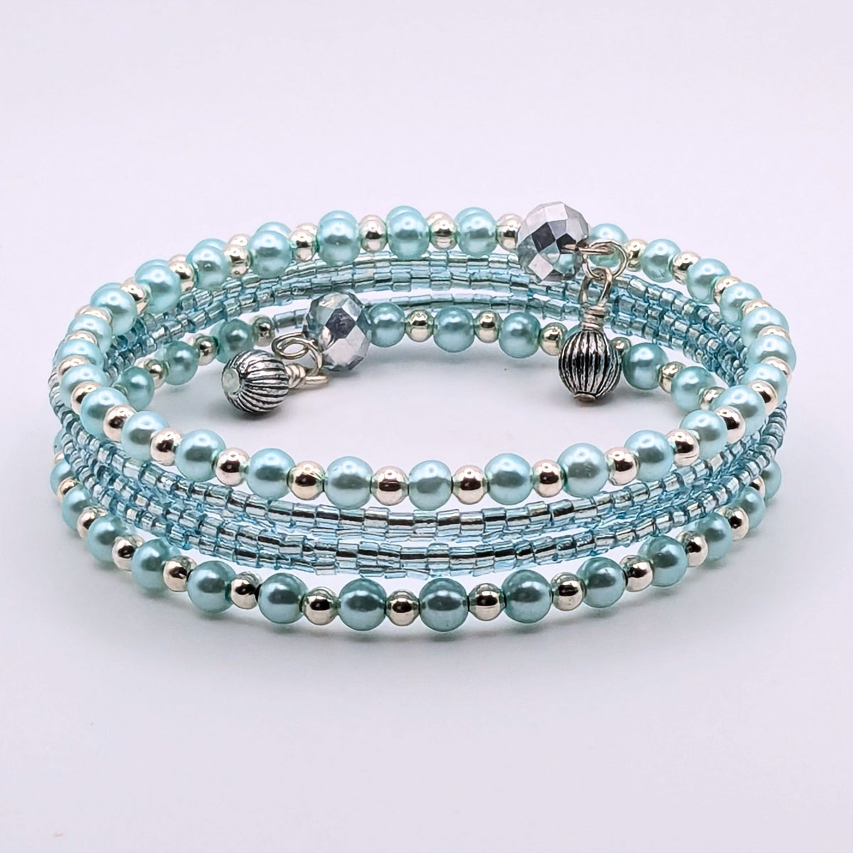 Dainty Light Blue Beaded Wrap Bracelet, 5 Layer Memory Wire Cuff, Glass Pearls, Silver Beads and Faceted Crystal Accents