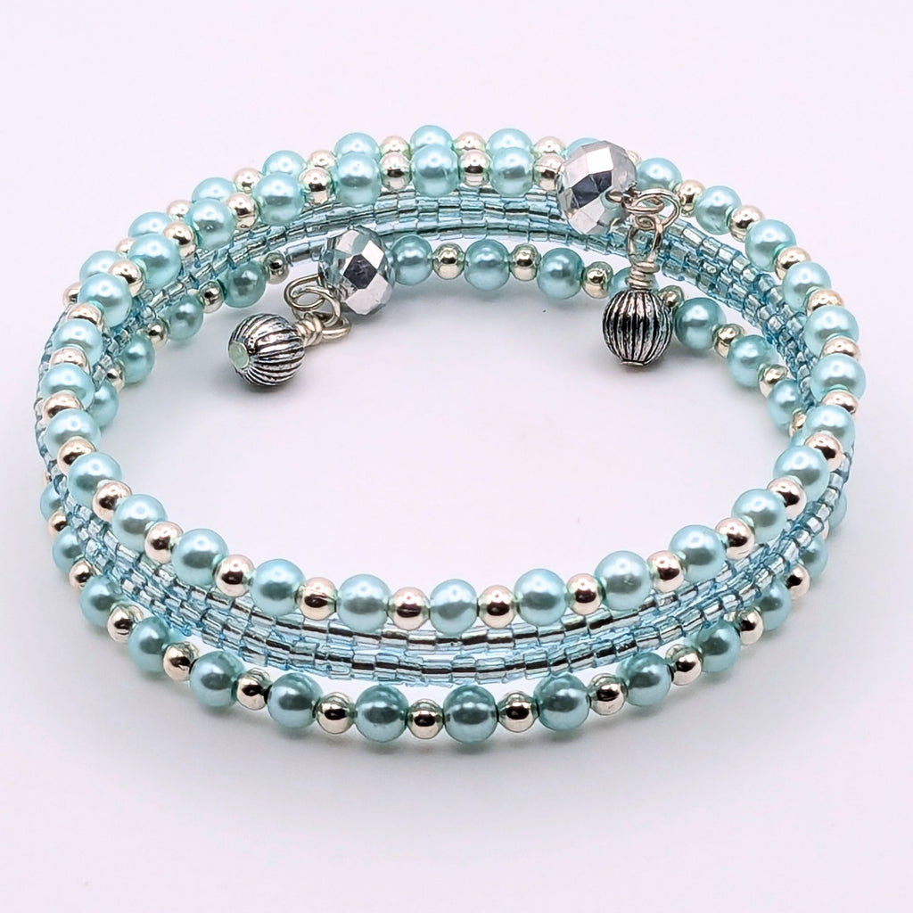 Dainty Light Blue Beaded Wrap Bracelet, 5 Layer Memory Wire Cuff, Glass Pearls, Silver Beads and Faceted Crystal Accents
