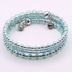 Dainty Light Blue Beaded Wrap Bracelet, 5 Layer Memory Wire Cuff, Glass Pearls, Silver Beads and Faceted Crystal Accents