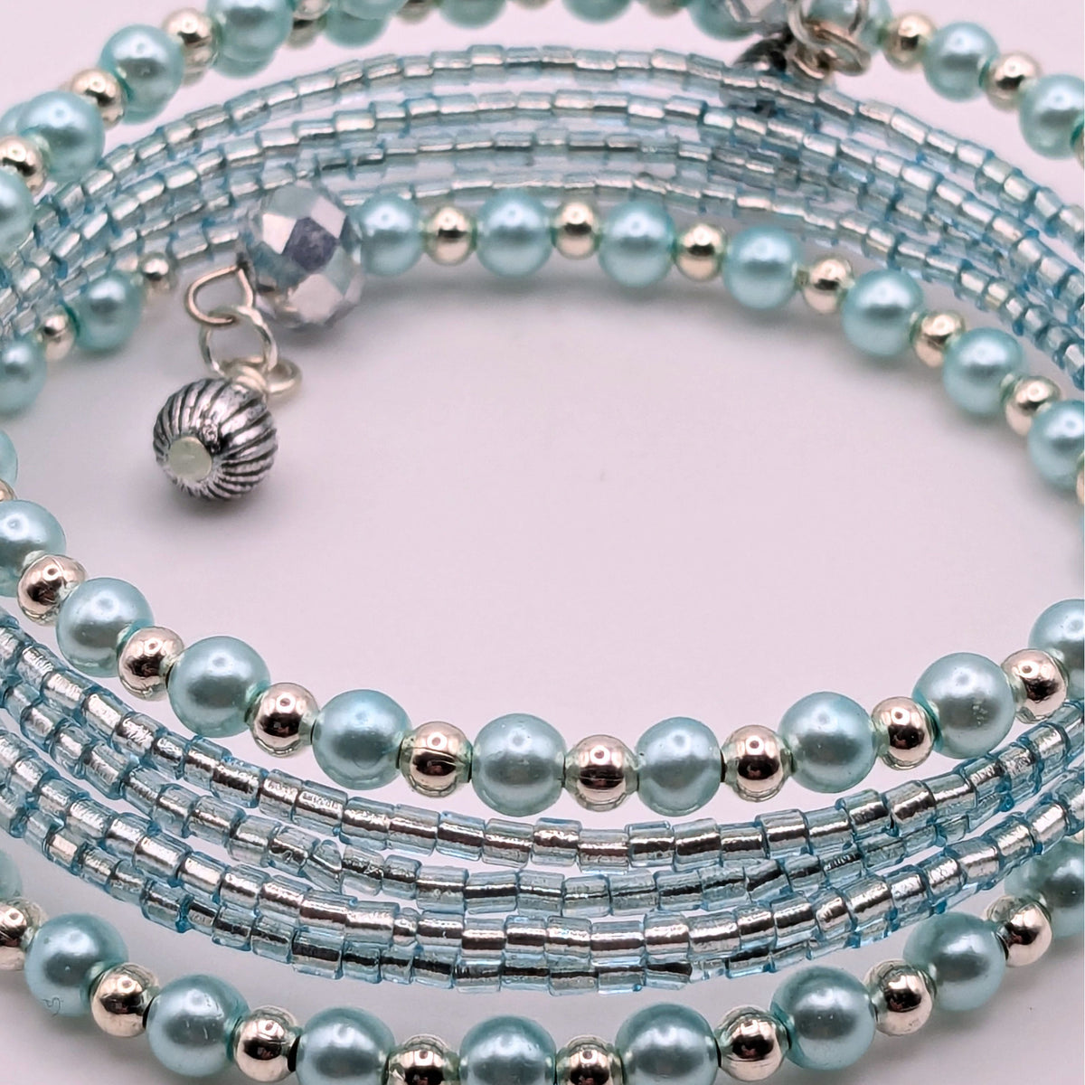 Dainty Light Blue Beaded Wrap Bracelet, 5 Layer Memory Wire Cuff, Glass Pearls, Silver Beads and Faceted Crystal Accents