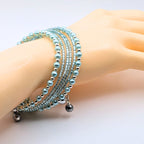 Dainty Light Blue Beaded Wrap Bracelet, 5 Layer Memory Wire Cuff, Glass Pearls, Silver Beads and Faceted Crystal Accents