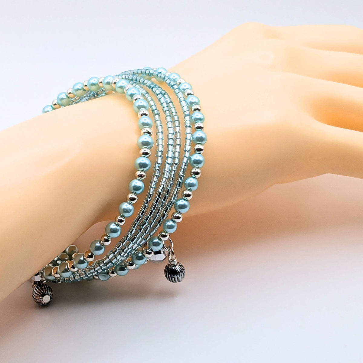 Dainty Light Blue Beaded Wrap Bracelet, 5 Layer Memory Wire Cuff, Glass Pearls, Silver Beads and Faceted Crystal Accents