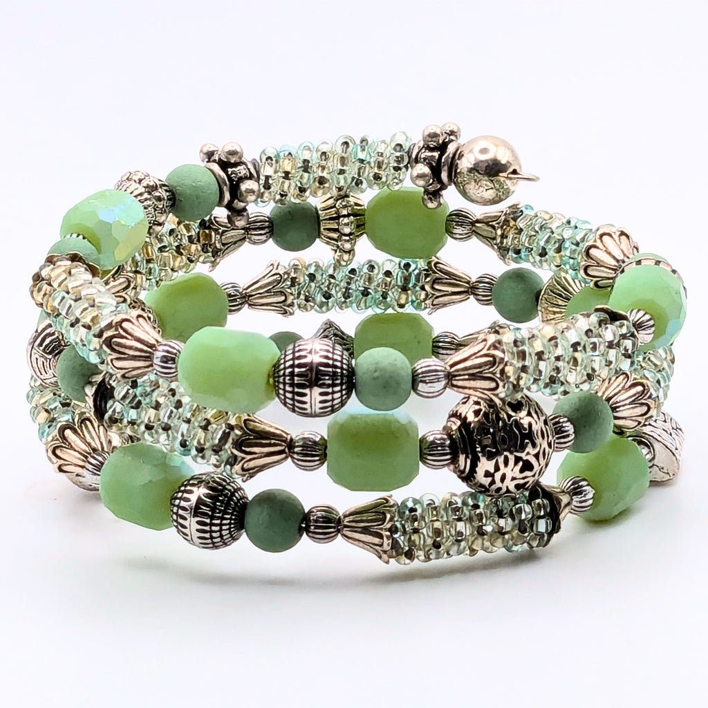 Light Green Woven Seed Bead 3-Layer Memory Wire Cuff Bracelet