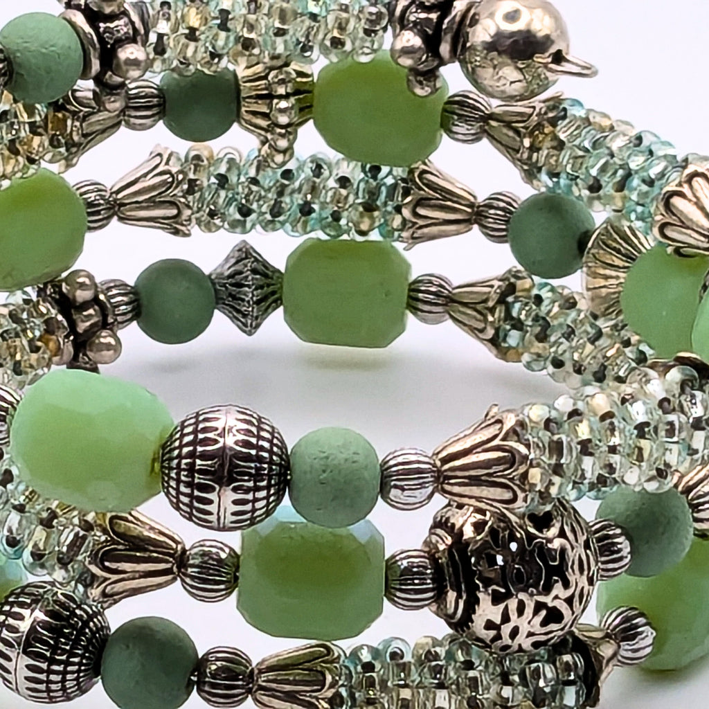 Light Green Woven Seed Bead 3-Layer Memory Wire Cuff Bracelet
