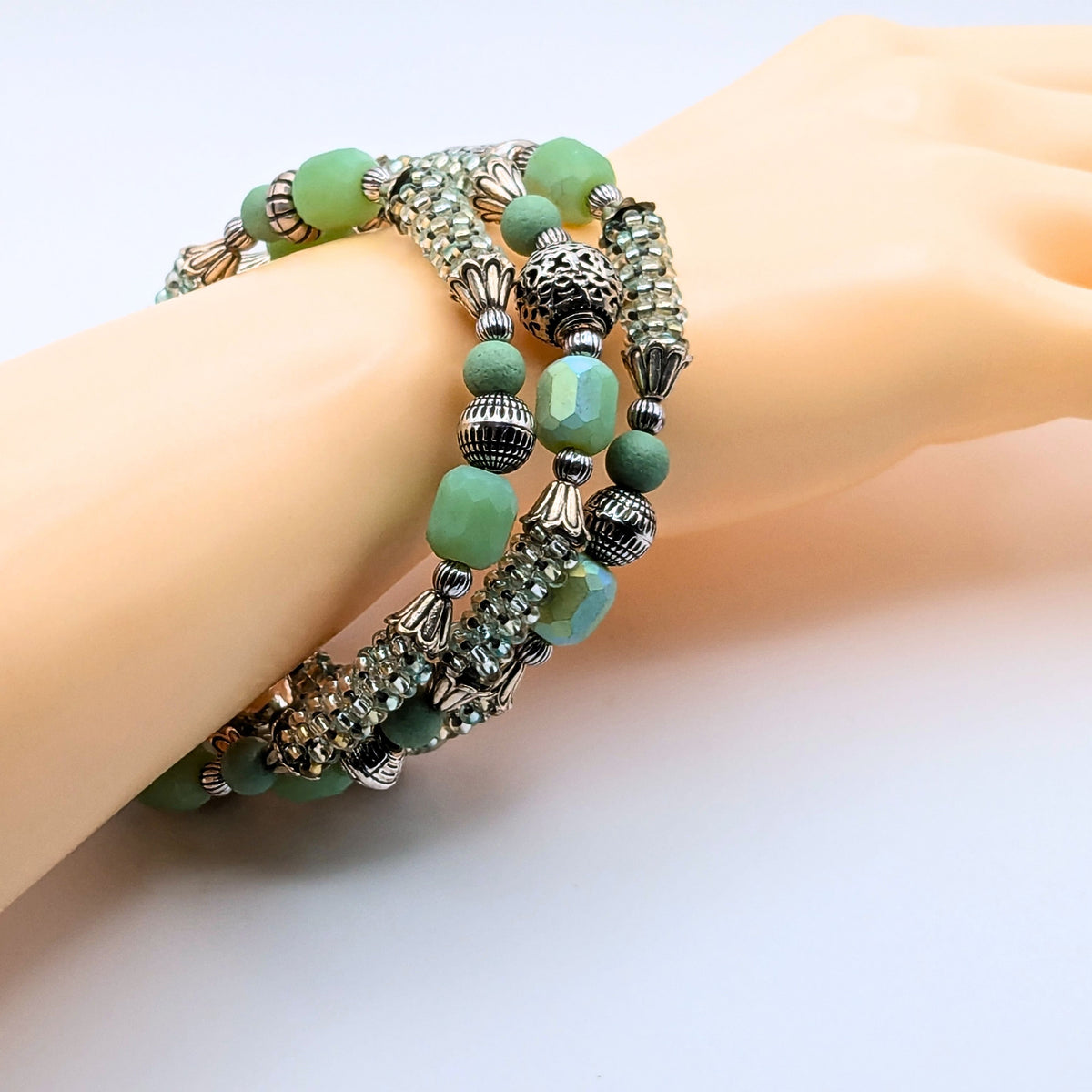 Light Green Woven Seed Bead 3-Layer Memory Wire Cuff Bracelet