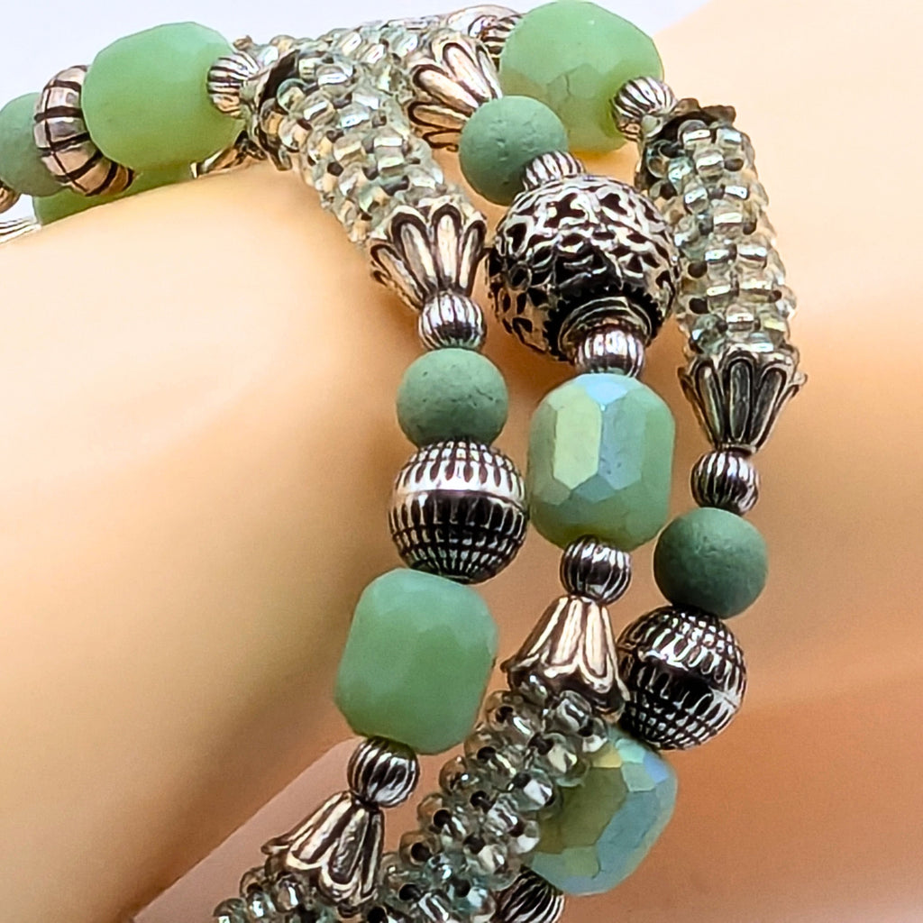 Light Green Woven Seed Bead 3-Layer Memory Wire Cuff Bracelet