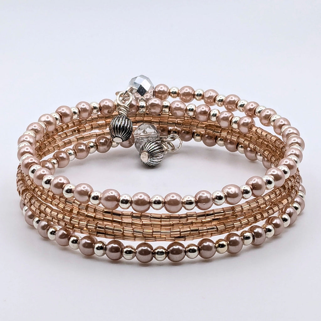 Dainty Pink and Peach Memory Wire Wrap Bracelet, Glass Pearl and Shimmering Beaded Bracelet, Silver-Tone Jewelry