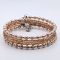 Dainty Pink and Peach Memory Wire Wrap Bracelet, Glass Pearl and Shimmering Beaded Bracelet, Silver-Tone Jewelry