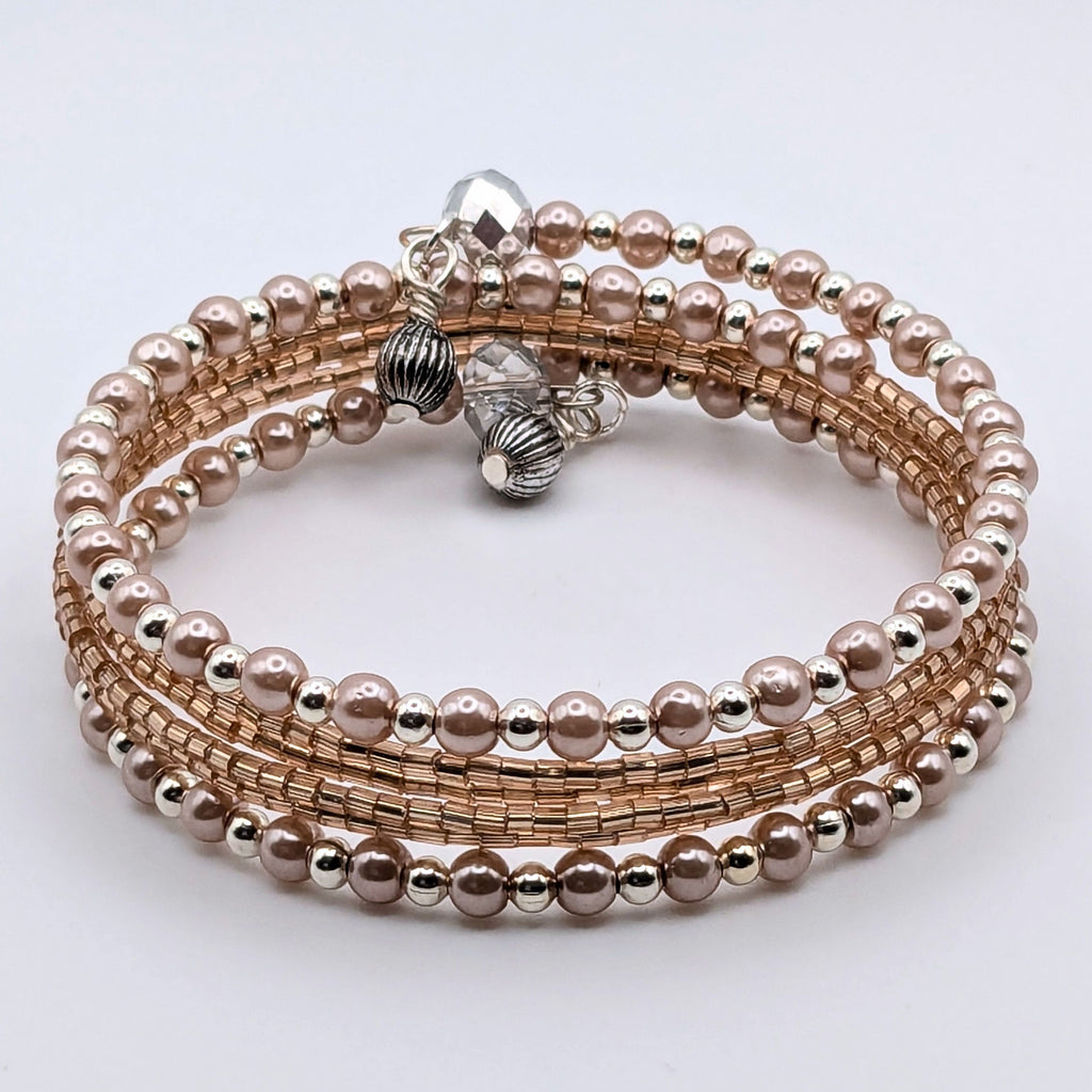 Dainty Pink and Peach Memory Wire Wrap Bracelet, Glass Pearl and Shimmering Beaded Bracelet, Silver-Tone Jewelry