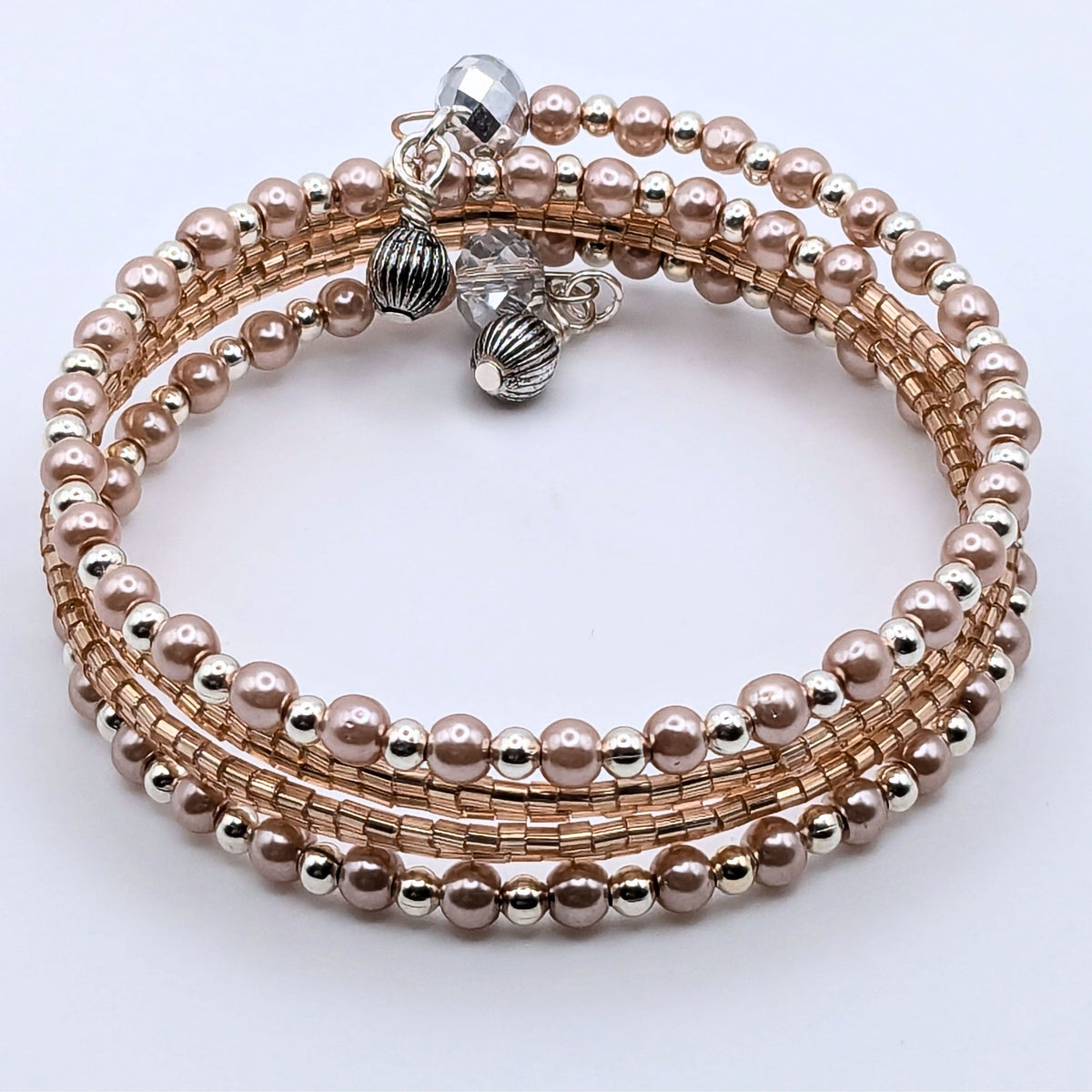 Dainty Pink and Peach Memory Wire Wrap Bracelet, Glass Pearl and Shimmering Beaded Bracelet, Silver-Tone Jewelry