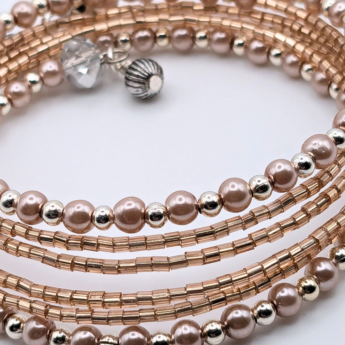 Dainty Pink and Peach Memory Wire Wrap Bracelet, Glass Pearl and Shimmering Beaded Bracelet, Silver-Tone Jewelry