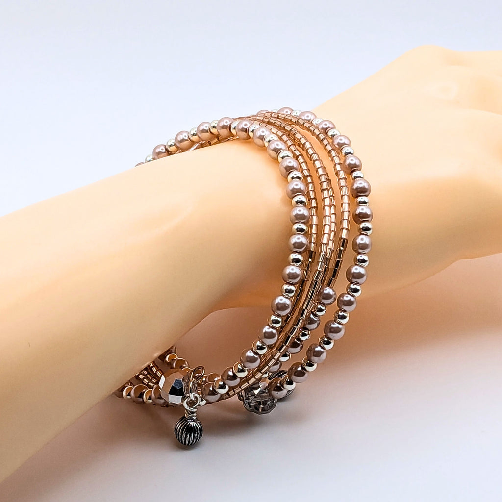 Dainty Pink and Peach Memory Wire Wrap Bracelet, Glass Pearl and Shimmering Beaded Bracelet, Silver-Tone Jewelry
